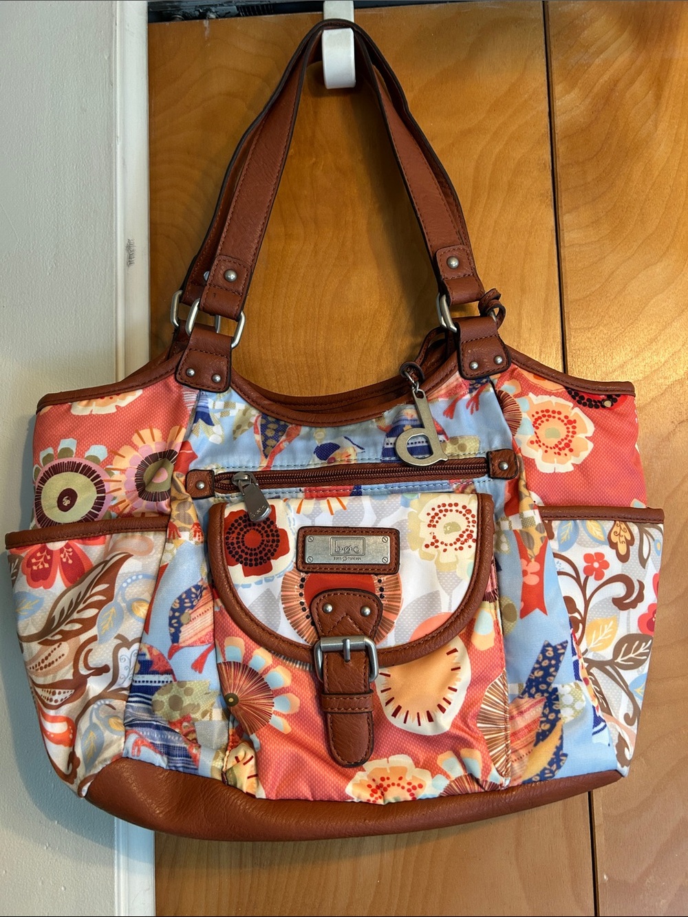 b.o.c. Floral Multicolor Tote Bag with Brown Trim - Women Bags